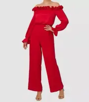 Adrianna Papell Women's Red Satin Crepe Rosette Trim Blouson Jumpsuit Size 16