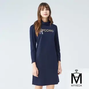 【MYVEGA 麥雪爾】MA小高領修身印圖彈性洋裝-深藍
