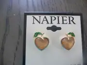 NEW Napier gold tone peach fruit heart earrings very pretty