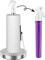 Paper Towel Holder with 60ml Spray Bottle, Kitchen Paper Roll Holder with Non-Slip Weighted Base, One-Handed Handling Tissue Rack, Stainless Steel Vertical Roll Holder for Kitchen and Bathroom