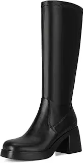 [Dsevht] Black Leather Knee High Boots for Women Platform Chunky Block Heeled Boots Round Toe Fashion Dress Boots
