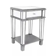 Fin Accent Mirrored End Table Bedside Night Stand W Drawer Crystal Knob Open Storage