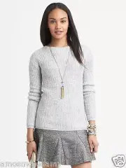 NEW BANANA REPUBLIC Silver Metallic Cable Knit Wool Sweater Crewneck Women M NWT