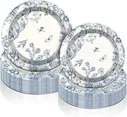 60 Pcs Blue White Floral Paper Plates Monochrome Sketch Birds and Flowers Spring Disposable Plates Vintage Paper Dishes Fancy Tableware for Baby Shower Wedding Birthday Holiday Party Supply