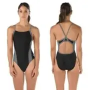 NWT Speedo 24 Relaunch Splice Flyback One Piece Swimsuit Black 112798
