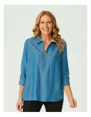 [Fella Hamilton] Nantucket Zip Neck 3/4 Sleeve Top in Indigo