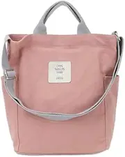 [TMSHOPI] Canvas Tote Bag with Shoulder Strap, Pink, Grey Handles, Casual Crossbody Style