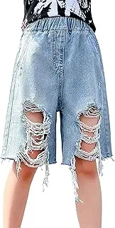 [Adigau] Girls Denim Shorts Elastic High Waist Wide Leg Jeans Shorts with Pockets Casual Ripped Retro Shorts 5-14 Years