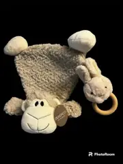 Set of 2Demdaco Monkey Tan Rattle Plush Cozies Baby Security Blank.& Bunny Rattl