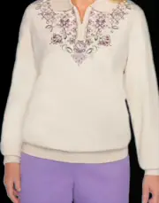 Alfred Dunner "Loire Valley" Embroidered Oatmeal Comfy Sweatshirt. Sz L