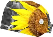 [WOSHJIUK] Working Hat 2 Pack Scrub Caps for Women,Black and White and Sunflowers,Tie Back Cap Adjustable Scrub Hat