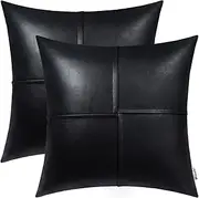 Brawarm Pack of 2 Black Leather Throw Pillows 20 X 20 Inches, Black Hand Stitching Faux Leather Decorative Throw Pillow Covers for Living Room Home Decor Garden Couch Bed Sofa