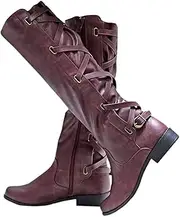 [Coutgo] Womens Lace Up Knee High Boots Motorcycle Riding Flat Low Heels Strappy Winter Boots