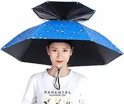 2 pcs Double-Layer Umbrella Hat, Head-Mounted Fishing Umbrella, Breathable, Hands Free, for Fishing/Camping/Gardening/Golf/Outdoor- C Raindrop Blue||77cm