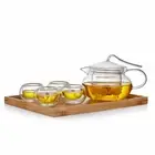 5 Pc Tea Set Special Cover Glass Teapot With Infuser 600ml + 4 Double Wall Cup