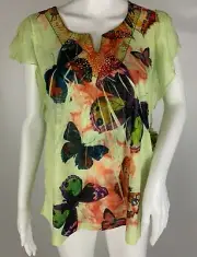 One World Flutter Sleeve Green Multi Butterfly Print Top Shirt Size M