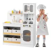 Babyjoy Kids Play Kitchen Wooden Toy Kitchen Storage Cabinet w/Accessories Cooking Chef Set White