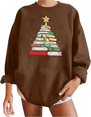 [Vickyleb] Christmas Sweatshirts for Women Crewneck Graphic Pullover Tops Christmas Book Tree Long Sleeve Shirt