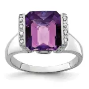 Sterling Silver Rhodium-plated Checker-Cut Amethyst & Diamond Ring Size 5