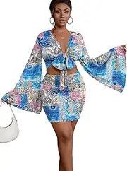 [LYANER] Women's 2 Piece Outfits Tie Knot Front Bell Long Sleeve Crop Top and Mini Skirt Set
