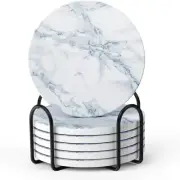 LIFVER Coasters for Drinks, White Marble-Style Absorbent Coasters with Holder 4"