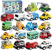 JOYIN 18 Piece Pull Back City Cars and Trucks Toy Vehicles Set Model Car, Friction Powered Die-Cast Cars for Toddlers, Boys, and Girls’ Educational Play