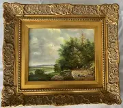 Original Oil impressionist painting- A scenic landscape -ornate gold frame