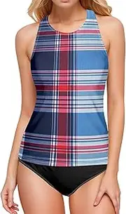 [AIXIWAWA] Blue and Red Plaid Women's Tankini Tops, Swimsuit Top for Beach Pool Vacation S