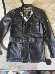 New Barneys NY Italy Belstaff Roadmaster black waxed canvas Belted moto jacket S
