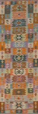 Reversible Kilim Tribal Flatweave 10 ft. Runner Rug Wool Carpet 9' 11" x 2' 8"