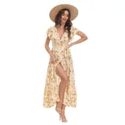 Nevenka Women Boho Summer Maxi Dress Side Split Deep V Neck Floral Dress-Yellow