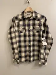 Ariat Boys NWT Size Large Black/Gray/Ivory Plaid Snap Front Western Shirt $48