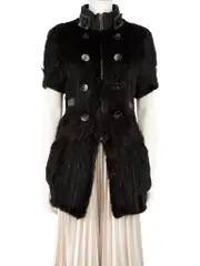 Black Fur Leather Trim Buttoned Jacket