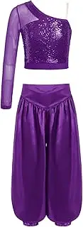 [Loodgao] Kids Girls Hip Hop Dance Outfits 2-Piece Shiny Sequins Crop Tops with Satiny Palazzo Pants Set