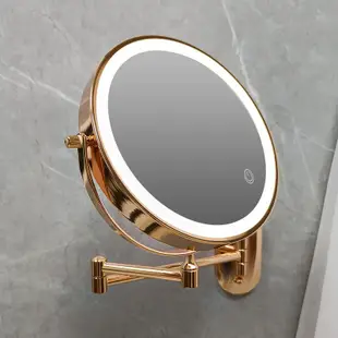 浴室化妝鏡led免打孔壁掛折疊帶燈鏡子酒店衛生間伸縮雙面梳妝鏡美馨精品