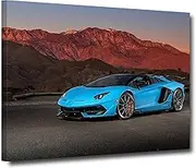 Lamborghini Aventador SVJ Canvas Poster Blue Speed Sports Car Wall Art Mountain Background Road Framed Art Prints Modern Home Decoration for Living Room Bedroom, Ready to Hang (Lambo-2, 16x24inch)