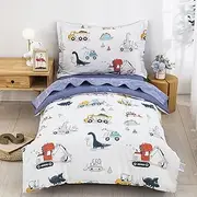 Dinosaur Cars Toddler Bedding Set,4 Pieces Cotton Toddler Comforter Set for Boys Girls,Cartoon Dinosaur Reversible Blue Comforter(1 Comforter,1 Flat Sheet,1 Fitted Sheet,1 Pillow Case)