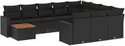 vidaXL Garden Sofa Set - 11 Piece Modular Poly Rattan Patio Furniture with Cushions, Storage, and Acacia Wood Tabletop, Black