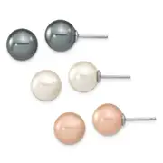 Sterling Silver Rh 10-11mm Wht/Pink/Blk Imit. Shell Pearl Earring Set