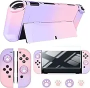 DLseego Case for Nintendo Switch OLED Model, Protective Cover Hard Shell with Shock-Absorption and Anti-Scratch Design, Screen Protector and 4Pcs Thumb Caps for Switch OLED 2021- Pink+Purple