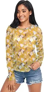 [ODAWA] Bees Yellow Flowers Long Sleeve Sheer Blouse See Through Sheer Mesh Top O Neck Clubwear for Women