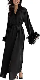 [RUHANE] Women's Full Length Satin Nightgowns,Summer sexy Feather patchwork Long Robes with Belt Kimono robes