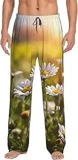 [EdWal] Wild White Daisy Flower print Men's Pajama Pants Big and Tall Pajama Bottoms Mens Lounge Sleep Pants with Pockets, Black, XL