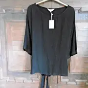 Brora black textured linen cool and comfy boat scoop neck elbow sleeve top 18