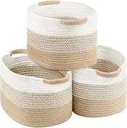 Cotton Rope Storage Basket (13"x10"x9"),Storage Bins (khaki/White, 3 Pack)