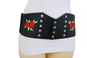 Women Wide Black Fabric Fashion Elastic Corset Cinch Belt Red Rose Flower S M