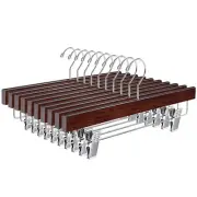 10 Pack Retro Wooden Pants Hangers with Clips, Walnut Wood Skirt Hangers Trou...
