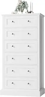 FACBOTALL 6 Drawer Dresser, Tall White Dresser for Bedroom with Mental Double Handles, Chest of Drawers for Clothes Storage Cabinet Hallway Living Room