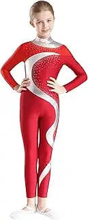 [FEESHOW] Kids Girls Sparkly Unitard Long Sleeve Full Length Bodysuit Catsuit Figure Skating Jumpsuit Dancewear