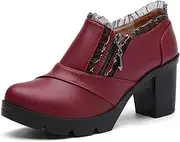[DADAWEN] Women's Casual Zipper Lace Platform Mid-Heel Square Toe Oxfords Dress Shoes Wine Red US Size 9.5